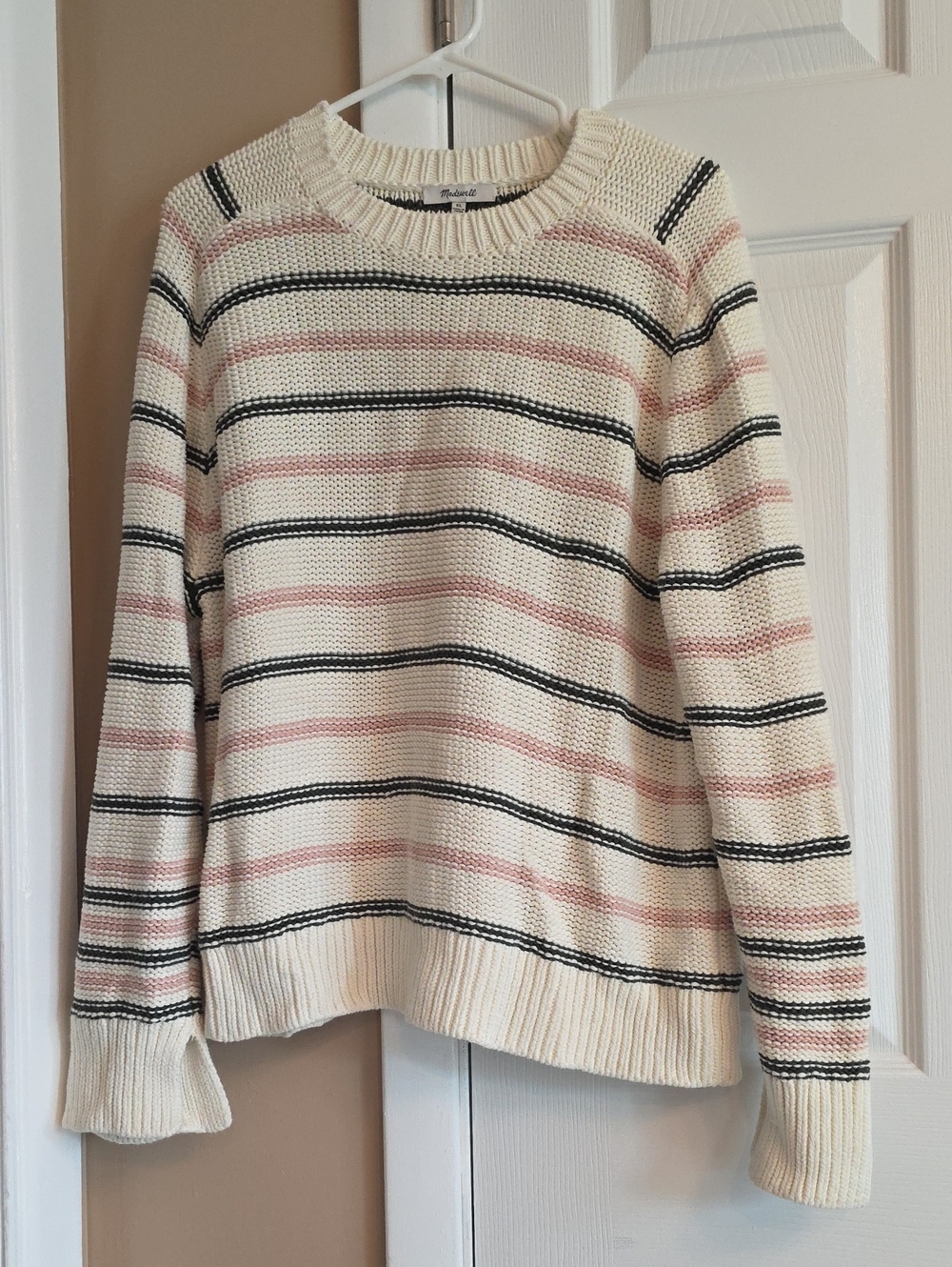 Madewell Cream Crewneck Sweater with Pink and Black Stripes XL